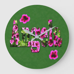 Pink Floral Angela Name Logo,  Large Clock