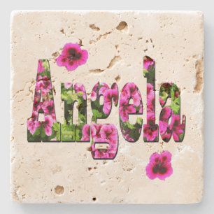 Pink Floral Angela Name Logo,   Stone Coaster