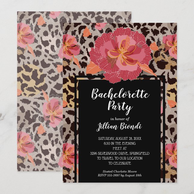 Pink Floral Animal Print Bachelorette Party Invitation (Front/Back)