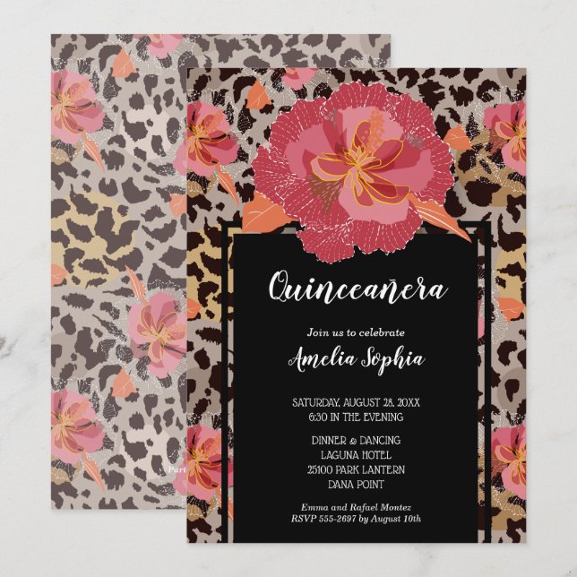 Pink Floral Animal Print Quinceañera Invitations (Front/Back)