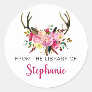 Pink Floral antlers library bookplate + name Classic Round Sticker
