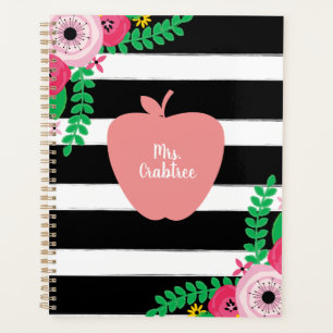Pink Floral Apple Black + White Stripe Teacher Planner