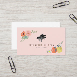 Pink Floral Apple Piano Teacher Business Card