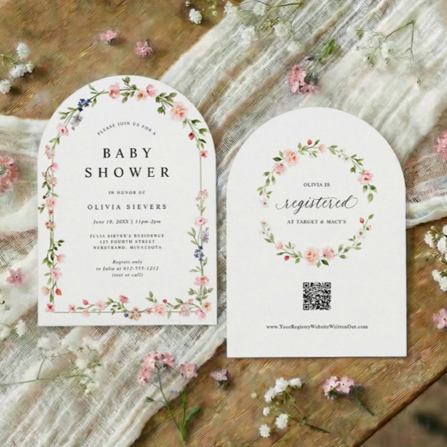 Pink Floral Arch Baby Girl Shower Invitation (Baby girl shower invitation with watercolor floral arch and pink botanical flowers)