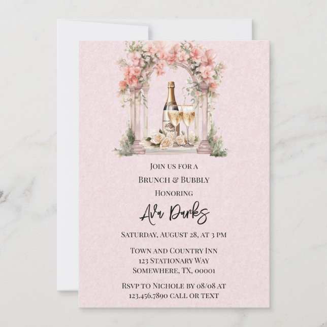 Pink Floral Arch Champaign Brunch & Bubbly Invitation (Front)
