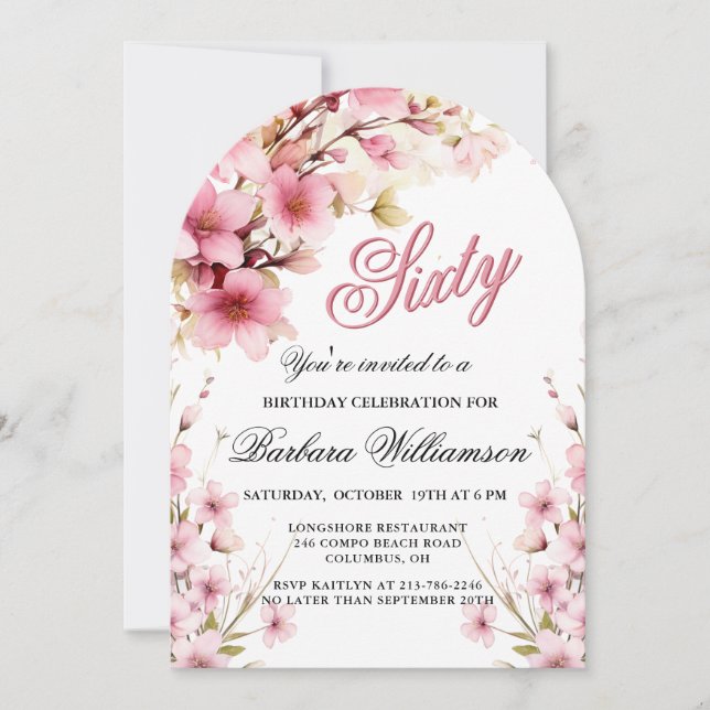 Pink Floral Arch Elegance 60th Birthday Party Invitation (Front)