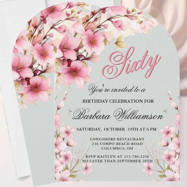 Pink Floral Arch Elegance 60th Birthday Party Invitation (Creator Uploaded)
