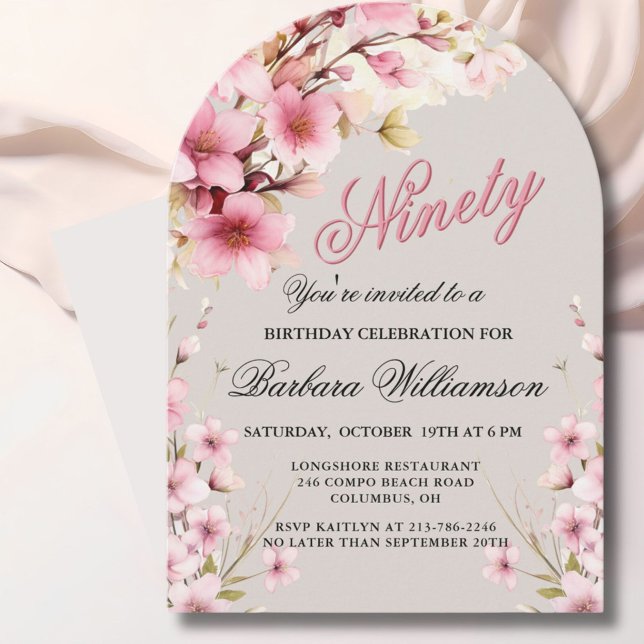 Pink Floral Arch Elegance 90th Birthday Party Invitation (Creator Uploaded)