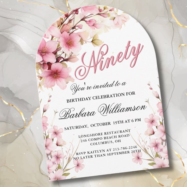 Pink Floral Arch Elegance 90th Birthday Party Invitation (Creator Uploaded)