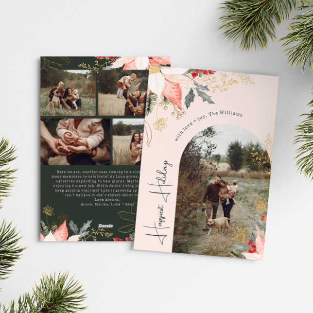 Pink Floral Arch Happiest Holidays Five Photo Holiday Card (Creator Uploaded)