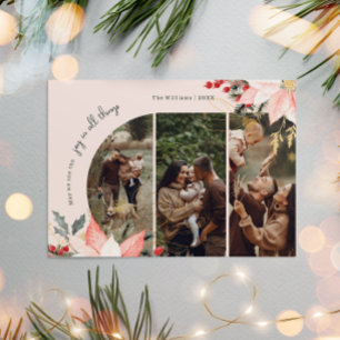Pink Floral Arch Joy In All Things Three Photo Holiday Card