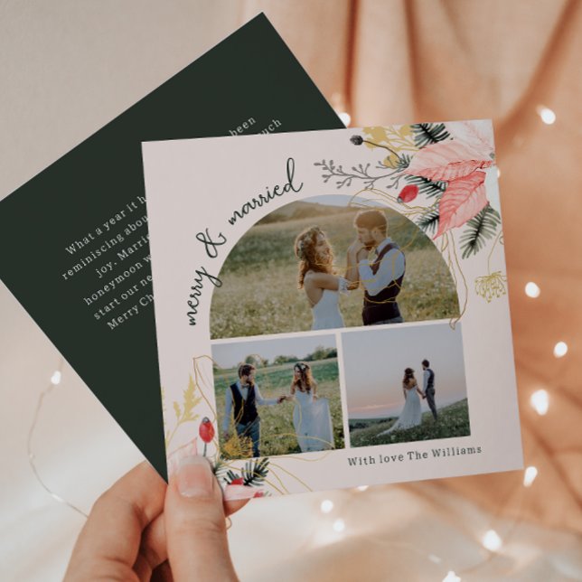 Pink Floral Arch Merry & Married Three Photo Holiday Card (Creator Uploaded)