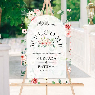 Pink Floral Arch Muslim Wedding Welcome Acrylic Sign