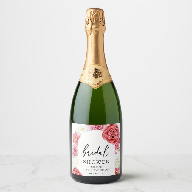 Pink Floral Arch Summer Bridal Shower Sparkling Wine Label (Front)