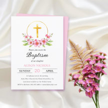 Pink floral arrangement, gold cross girl baptism
