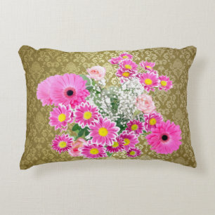 Pink Floral Arrangement Gold Damask Decorative Cushion
