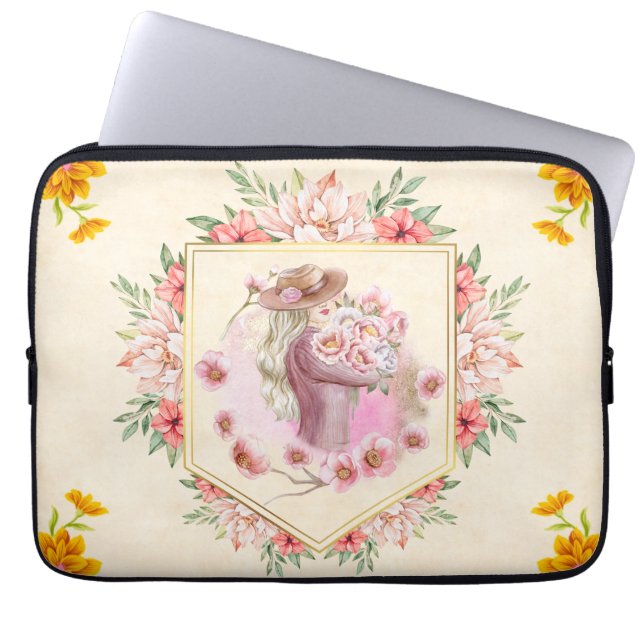 Pink Floral Art, Lady of Spring Laptop Sleeve (Front)