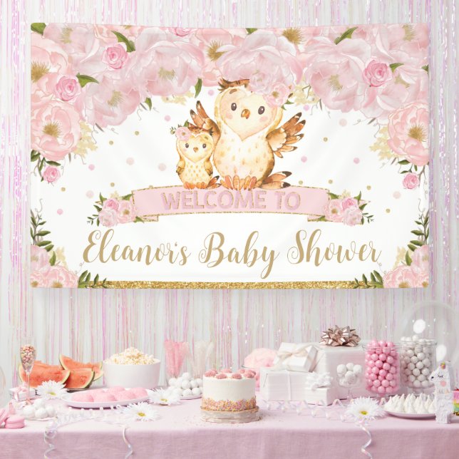 Pink Floral Baby and Mummy Owl Welcome Backdrop Banner (Party)