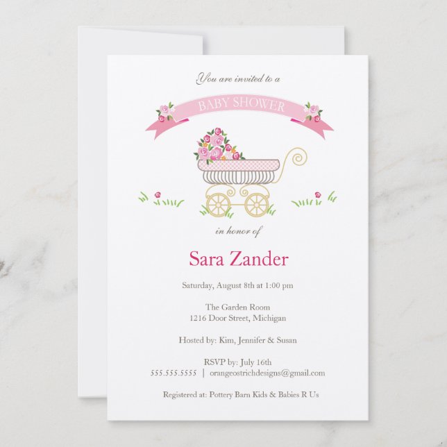 Pink Floral Baby Carriage Baby Shower Invitation (Front)