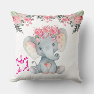 Pink Floral Baby Elephant Baby Shower Throw Pillow