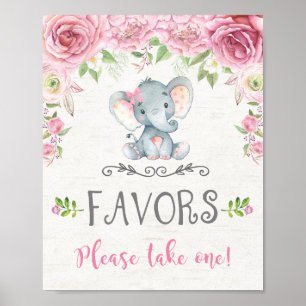 Pink Floral Baby Elephant Girl Favours Sign Decor