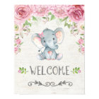 Pink Floral Baby Elephant Girl Welcome Sign Poster