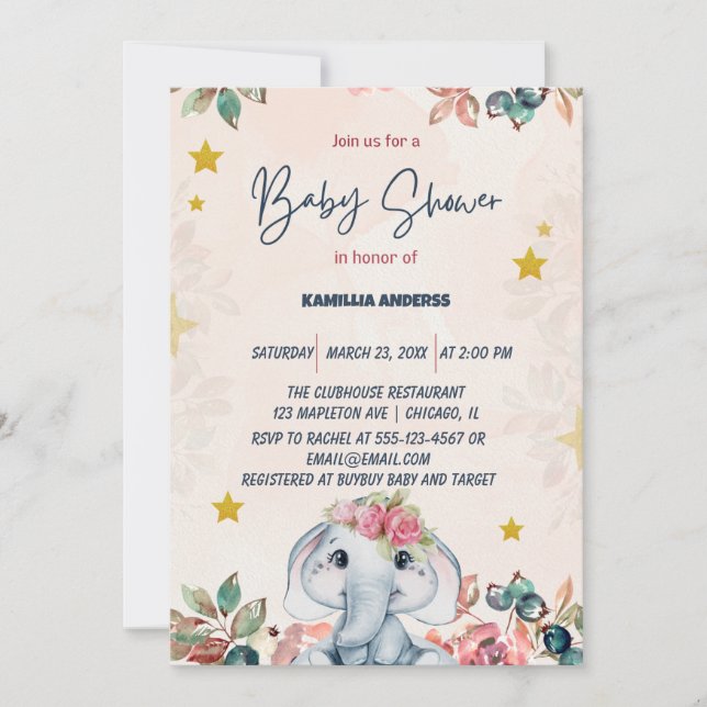 Pink floral baby elephant   invitation (Front)