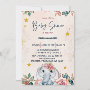 Pink floral baby elephant   invitation