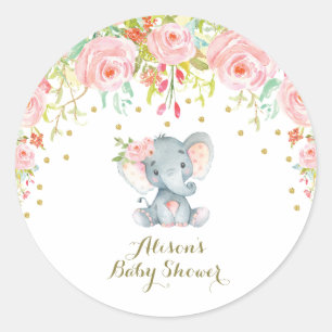 Pink Floral Baby Elephant Thank You Sticker
