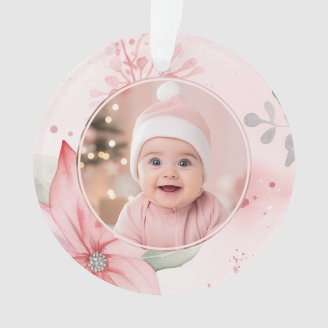 Pink Floral Baby First Christmas Photo Ornament (Front)