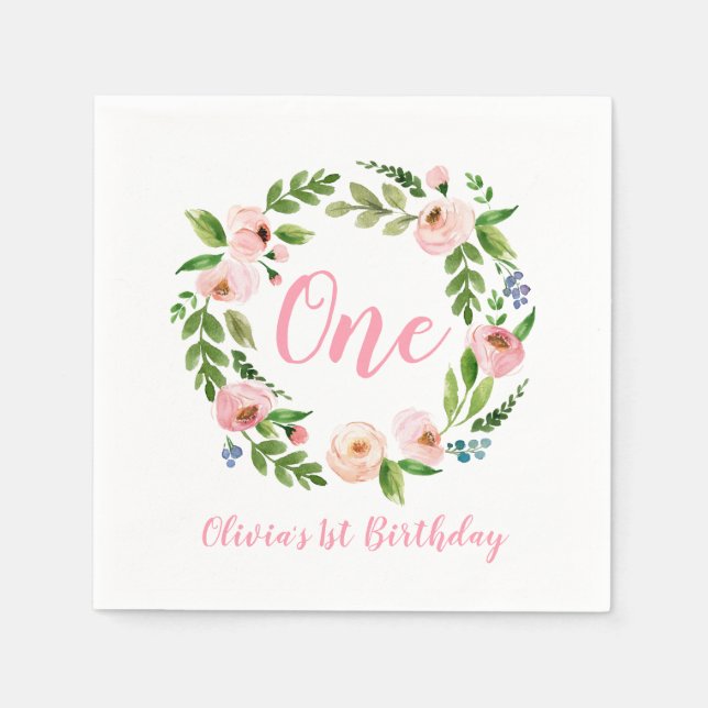 Pink Floral Baby Girl 1st Birthday Party Napkin (Front)