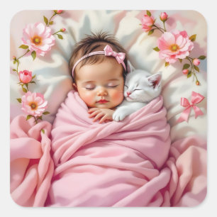 Pink Floral Baby Girl and White Kitten Square Sticker