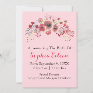 Pink Floral Baby Girl Birth Announcement