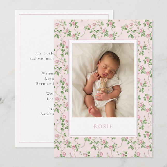 Pink  Floral Baby Girl Birth Announcement card (Front/Back)