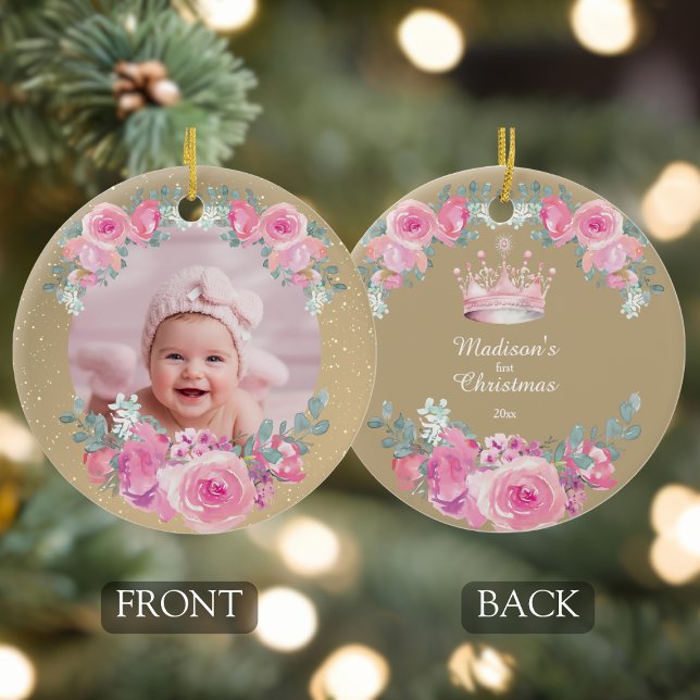 Pink Floral Baby Girl First Christmas Ceramic Tree Decoration (baby girls first christmas personalized photo pink gold floral ornament with custom name and year)