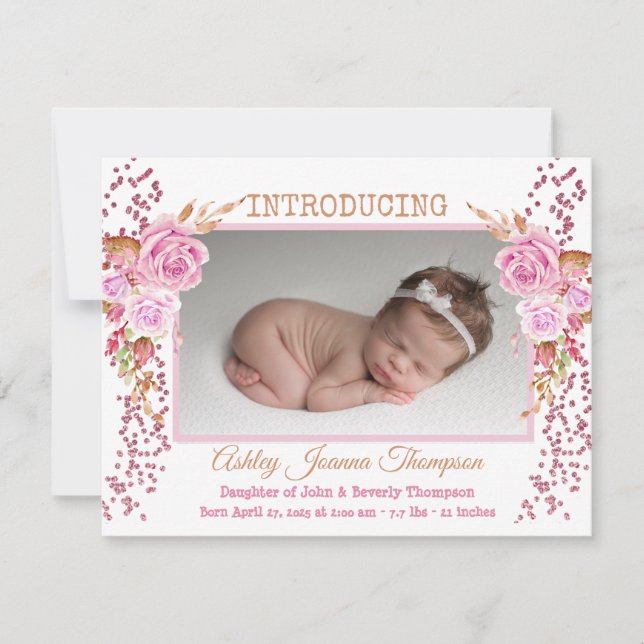 Pink Floral Baby Girl Photo Birth Announcement (Front)
