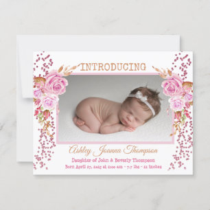 Pink Floral Baby Girl Photo Birth Announcement