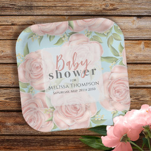 Pink Floral Baby Girl Shower Botanical Blush Rose Paper Plate