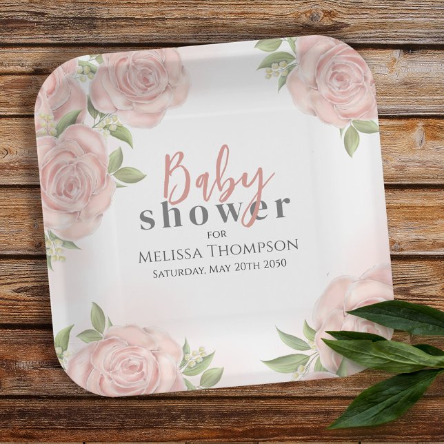 Pink Floral Baby Girl Shower Botanical Blush Rose Paper Plate (Creator Uploaded)
