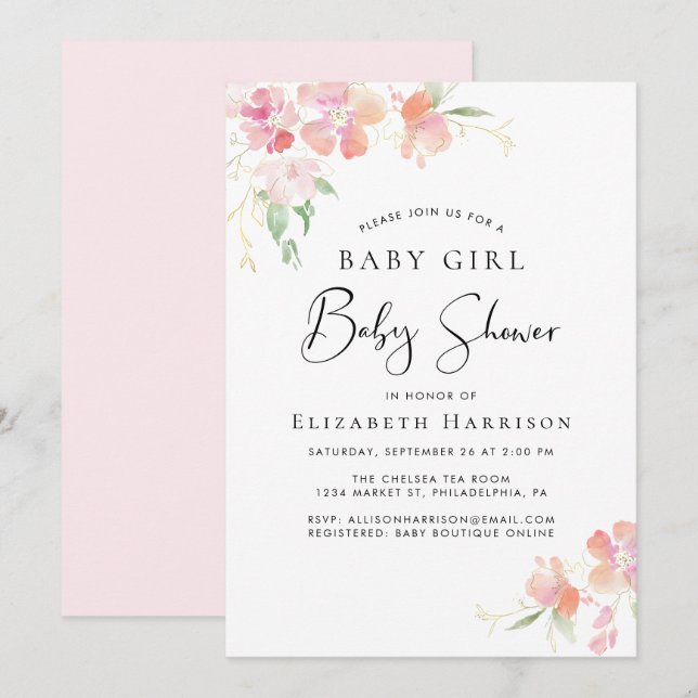 Pink Floral Baby Girl Shower Invitation (Front/Back)