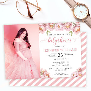 Pink floral baby girl shower photo card invitation
