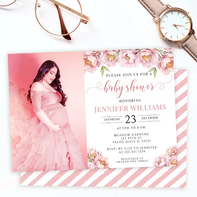 Pink floral baby girl shower photo card invitation (Creator Uploaded)
