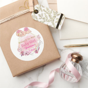 Pink Floral Baby Girl Welcome to the World Favour Classic Round Sticker