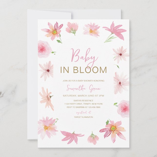 Pink Floral Baby in Bloom Baby Shower Invitation (Front)