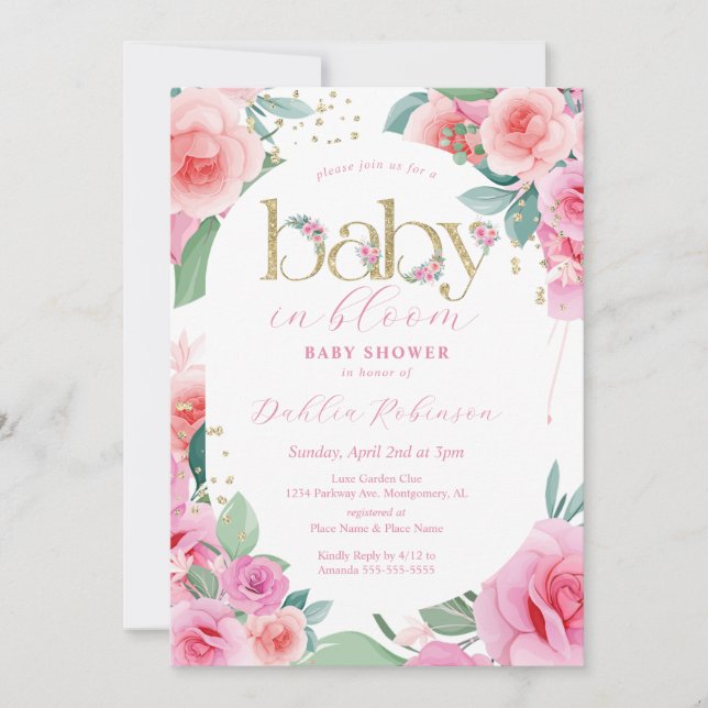 Pink Floral Baby in Bloom Baby Shower Invitation (Front)