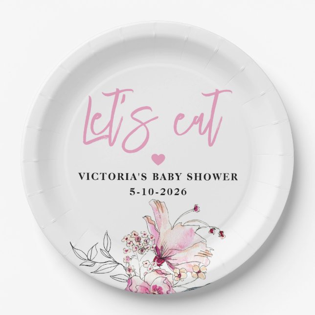 Pink Floral Baby in Bloom Baby Shower Paper Plate (Front)
