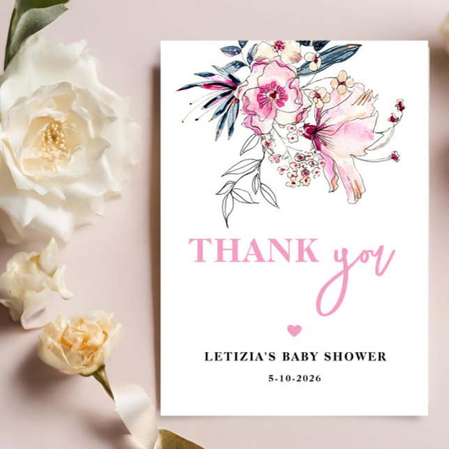 Pink Floral Baby in Bloom Baby Shower Thank You Card (Creator Uploaded)