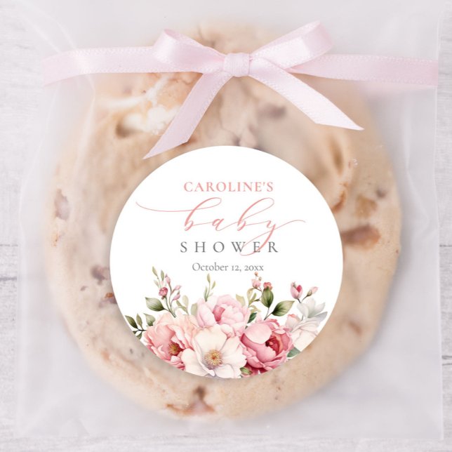 Pink Floral Baby In Bloom Girl Baby Shower Classic Round Sticker (Creator Uploaded)