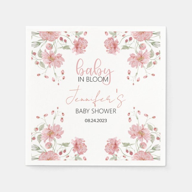 Pink floral baby in bloom girl shower paper napkin (Front)
