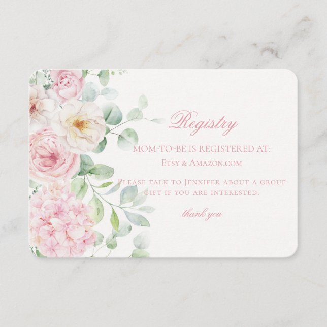 Pink Floral Baby in Bloom Hydrangea Baby Registry Enclosure Card (Front)